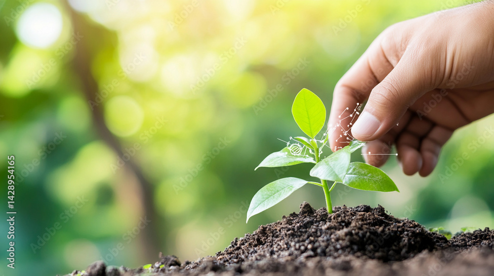 Businessman nurturing a young plant with digital tools Generative AI