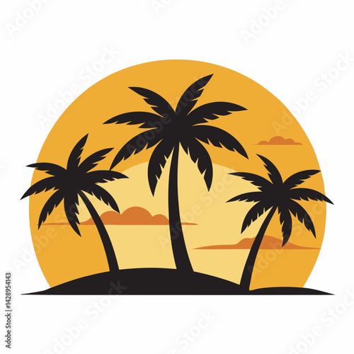 Golden Sunset Behind Silhouette Palm Trees or coconut trees on the Beach for tshirt design