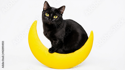 Obraz na płótnie Black cat perched elegantly on a yellow crescent moon Generative AI w salonie