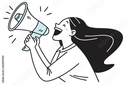 Woman Announcing with Megaphone: Cartoon Illustration for Communication, Advocacy, and Public Announcement.