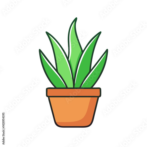Cute cartoon green plant in orange flower pot
