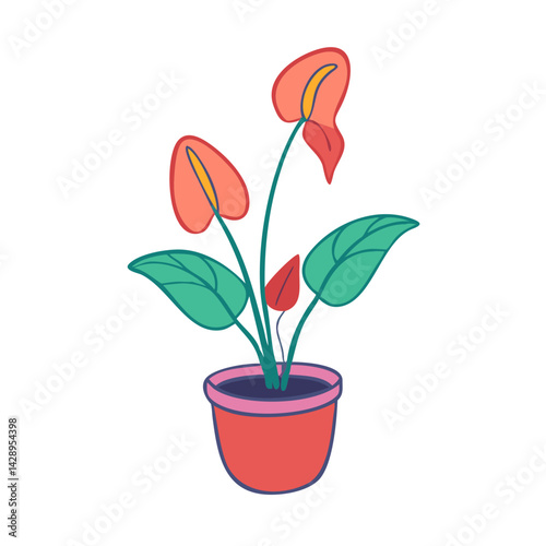 Cute Cartoon Anthurium Plant in Pot on Black Background