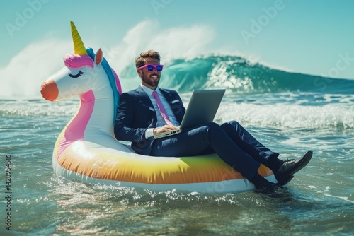 Businessman wearing suit and sunglasses enjoys working remotely from inflatable unicorn float in ocean with incoming wave photo
