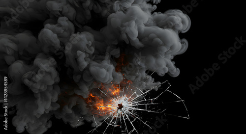 Dramatic Explosion Breaking Glass With Dark Smoke On Black Background