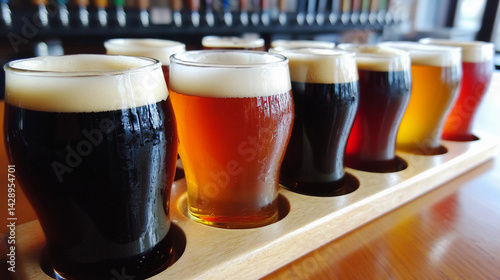 Colorful craft beer flight presented in a wooden tray Generative AI