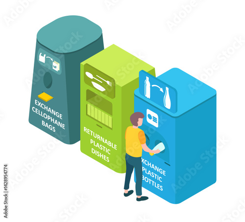 Environmental protection concept: Waste sorting process, on transparent background, 3d isometric vector illustration