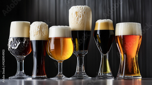 Colorful craft beer varieties displayed in elegant glasses Generative AI