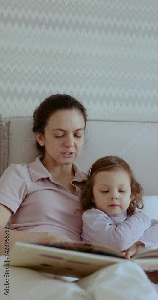 Mother reading fairytale to her toddler daughter in bedroom. Education for children. Mother reading fairytale to her toddler daughter in bedroom. Education for children.