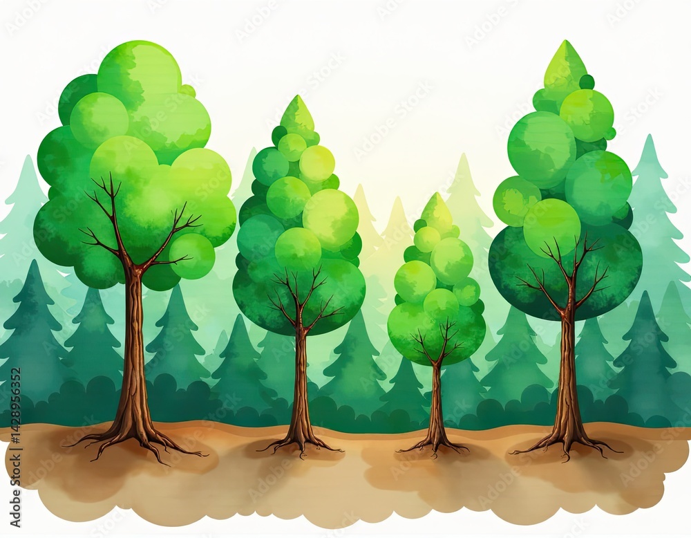 Cartoon Forest Illustration Four Green Trees on a Sunny Day