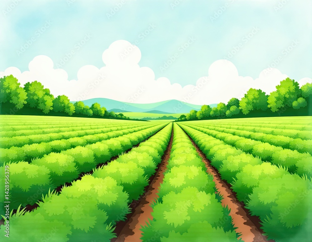 Lush Green Field Landscape, Agricultural Rows, Farming Illustration