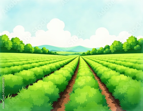Obraz na płótnie Lush Green Field Landscape, Agricultural Rows, Farming Illustration w salonie