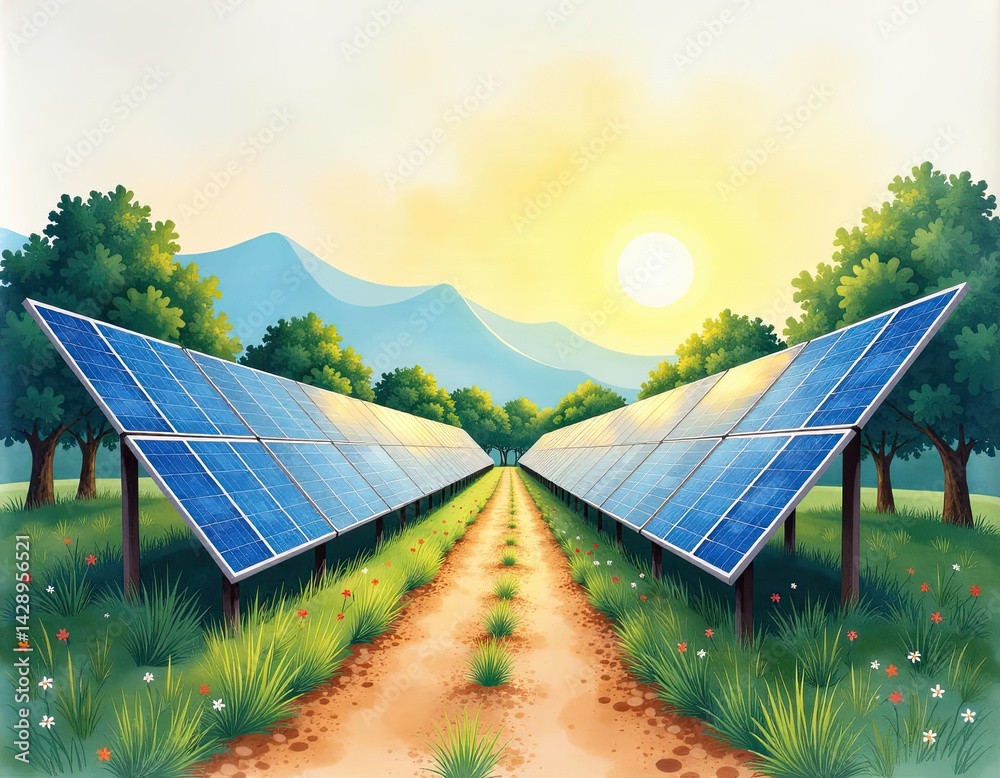 Solar Panels in Nature Illustration