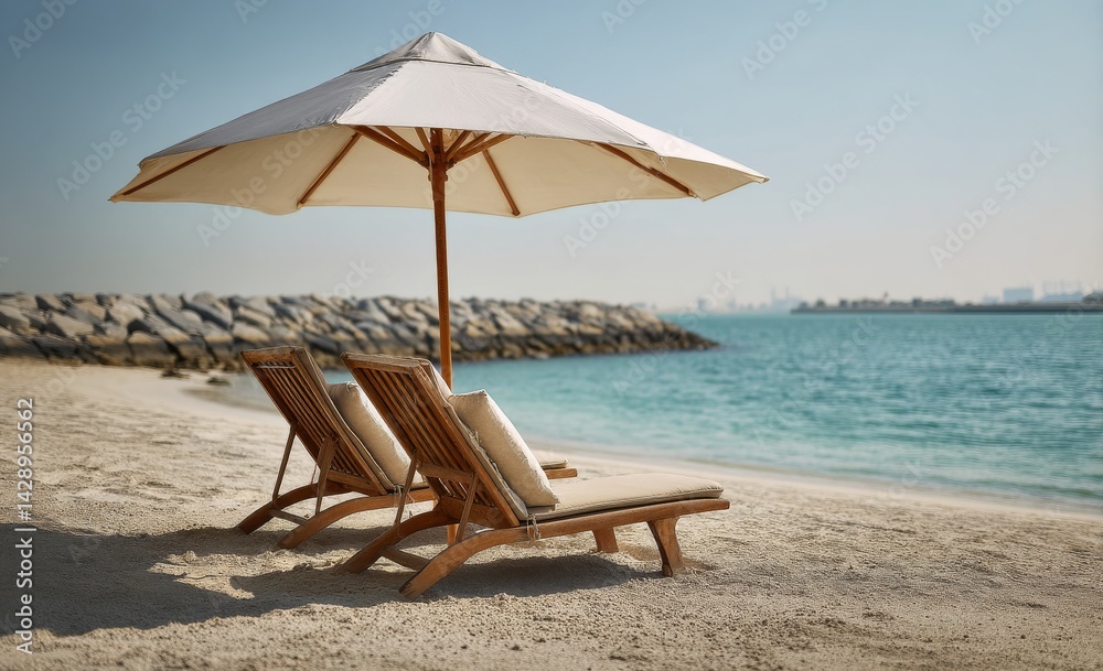 Serene Beach Scene with Two Wooden Sun Loungers Under Umbrella