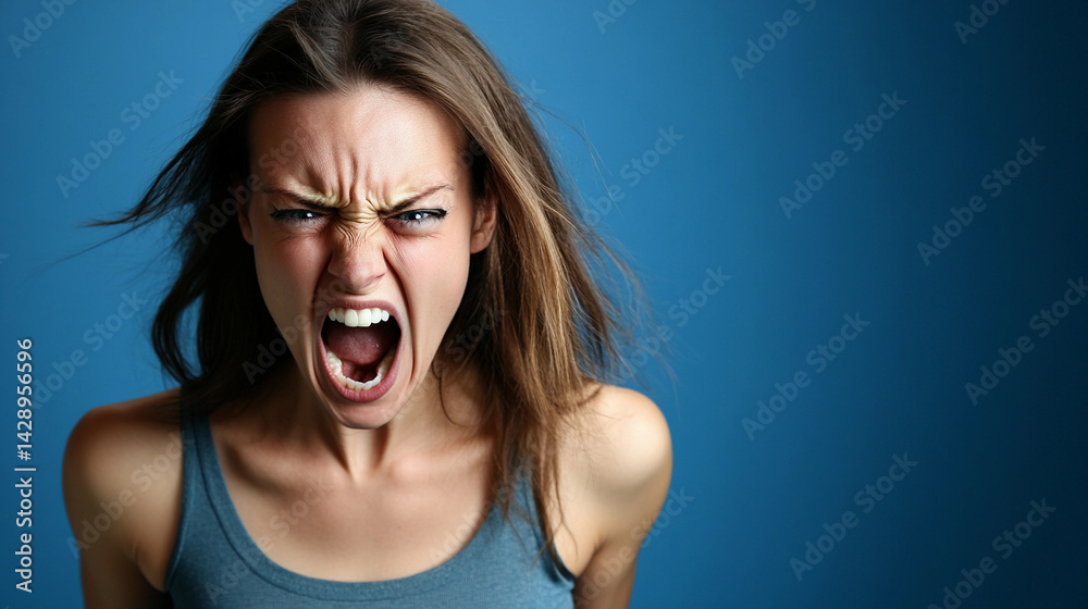 Frustrated woman expressing intense emotions in blue backdrop Generative AI