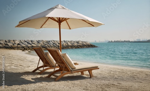 Obraz na płótnie Serene Beach Scene with Two Wooden Sun Loungers Under Umbrella w salonie