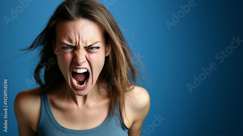 Obraz na płótnie Frustrated woman expressing intense emotions in blue backdrop Generative AI w salonie