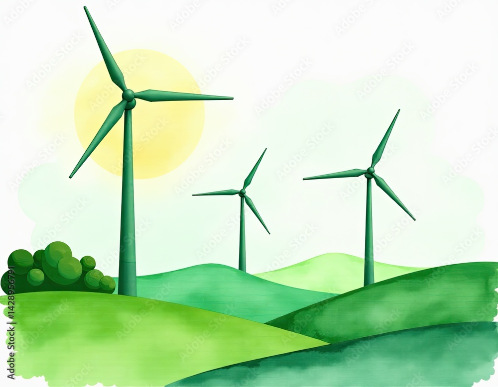 Watercolor Wind Turbines on Rolling Hills