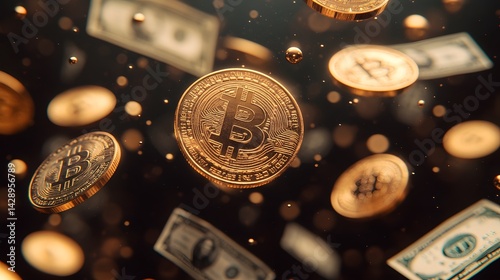 Golden bitcoin and dollar bills circulating in a digital financial storm.