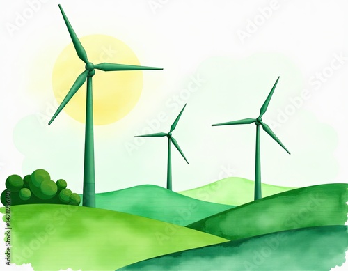Obraz na płótnie Watercolor Wind Turbines on Rolling Hills w salonie