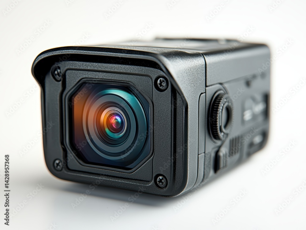 Close-up of a modern camera with a vibrant lens, showcasing sleek design and technology Close-up of a modern camera with a vibrant lens, showcasing sleek design and technology