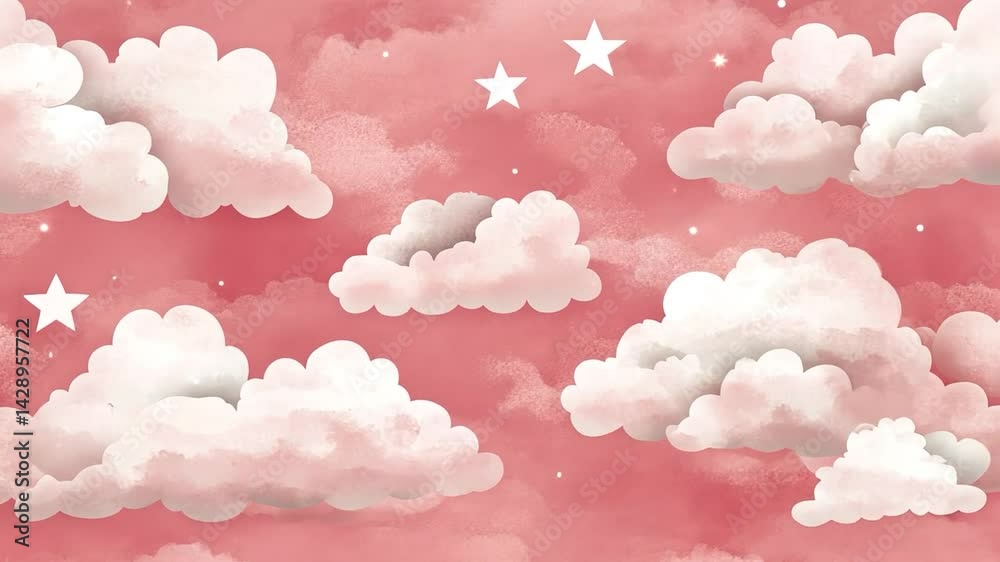 Pink fluffy clouds drift across the beautiful pink sky in this natural cloudscape