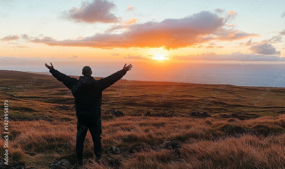 As the sun sets over a field, a man stands there, feeling free, hopeful, and happy, appreciating the beauty of life