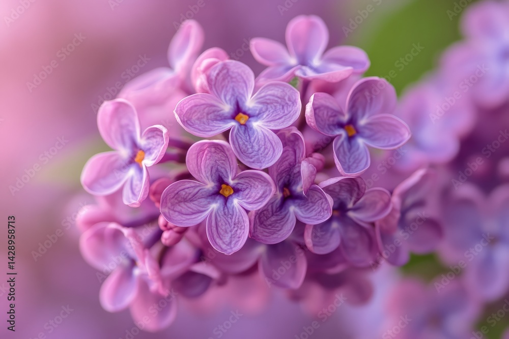Close-up of delicate lilac blossoms forming a vibrant purple cluster, capturing the essence of spring's beauty Close-up of delicate lilac blossoms forming a vibrant purple cluster, capturing the essence of spring's beauty