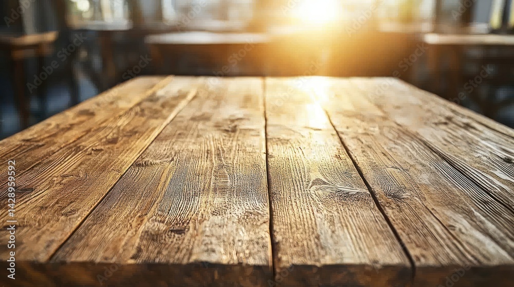Wooden table with sunburst, blurred seating area behind