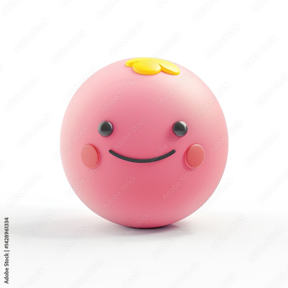 Fototapeta premium Cheerful pink emoticon, a round, cartoon-like character.
