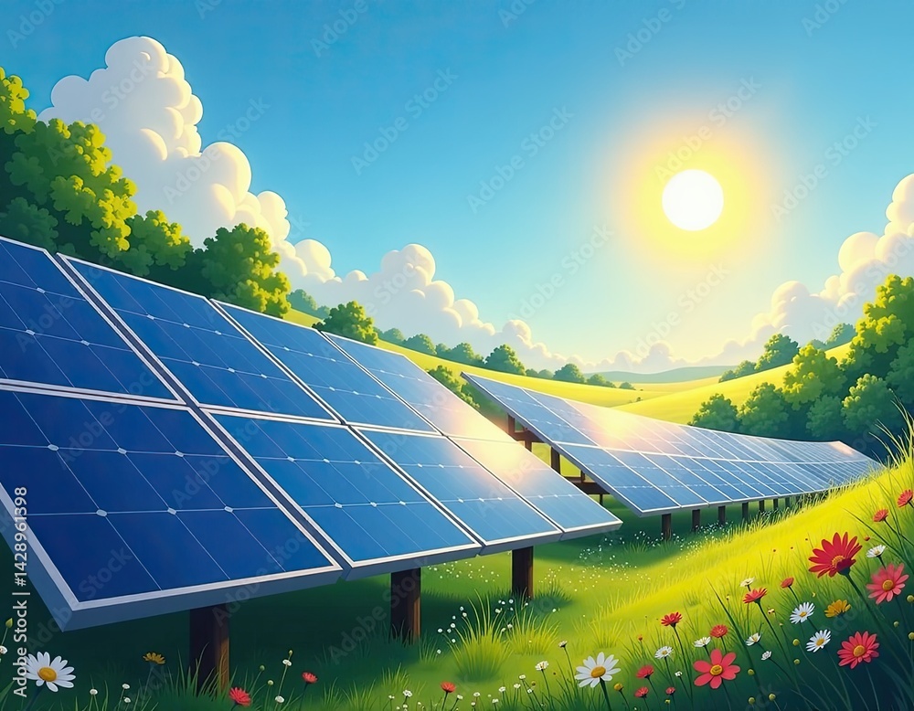 Solar Panels in a Sunny Meadow Clean Energy Concept