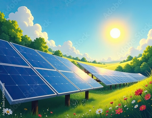 Obraz na płótnie Solar Panels in a Sunny Meadow Clean Energy Concept w salonie