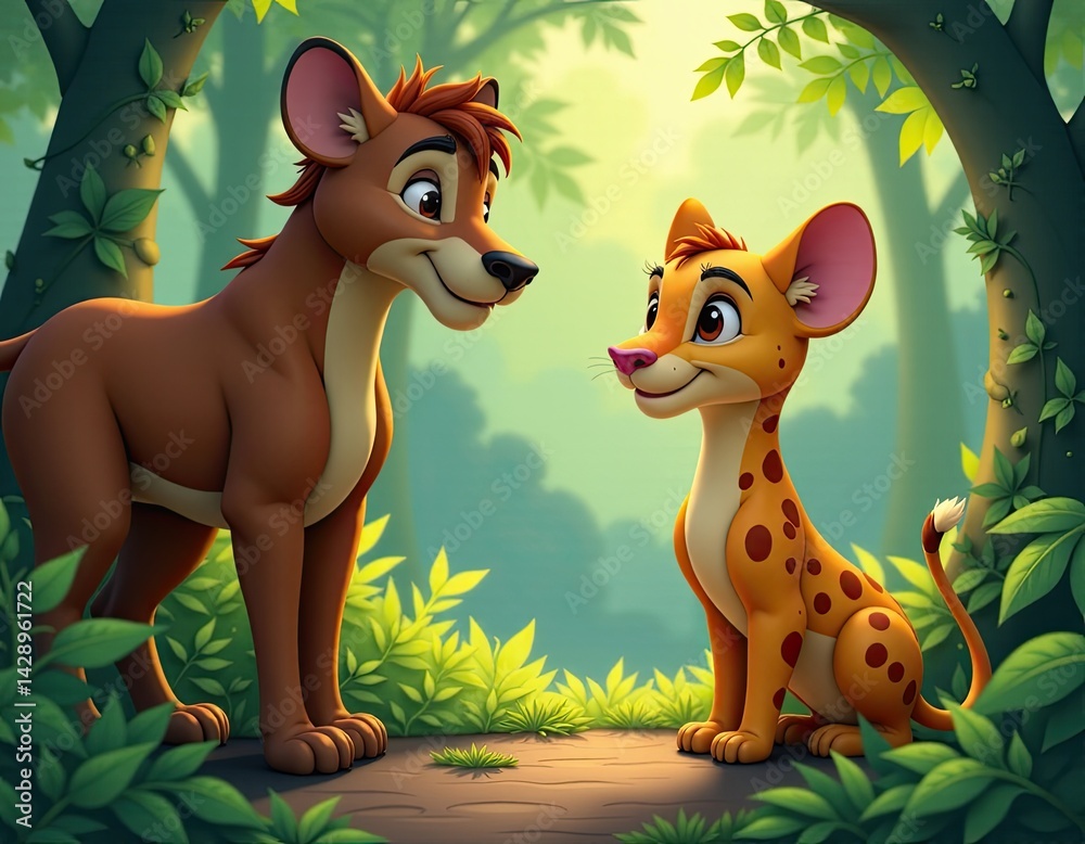 Adorable Cartoon Animals in Lush Jungle Setting