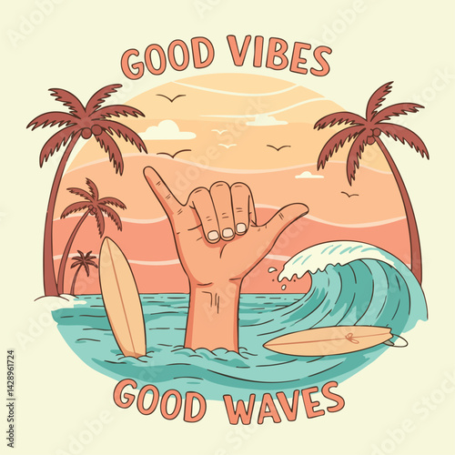 Tropical Surf Culture: Shaka Hand, Palm Trees, Waves, and Good Vibes

