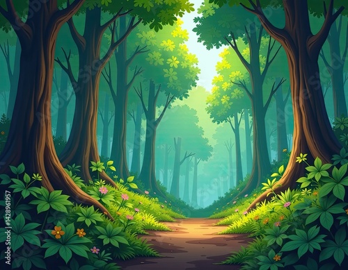 Enchanting Sunlit Forest Path Magical Nature Illustration