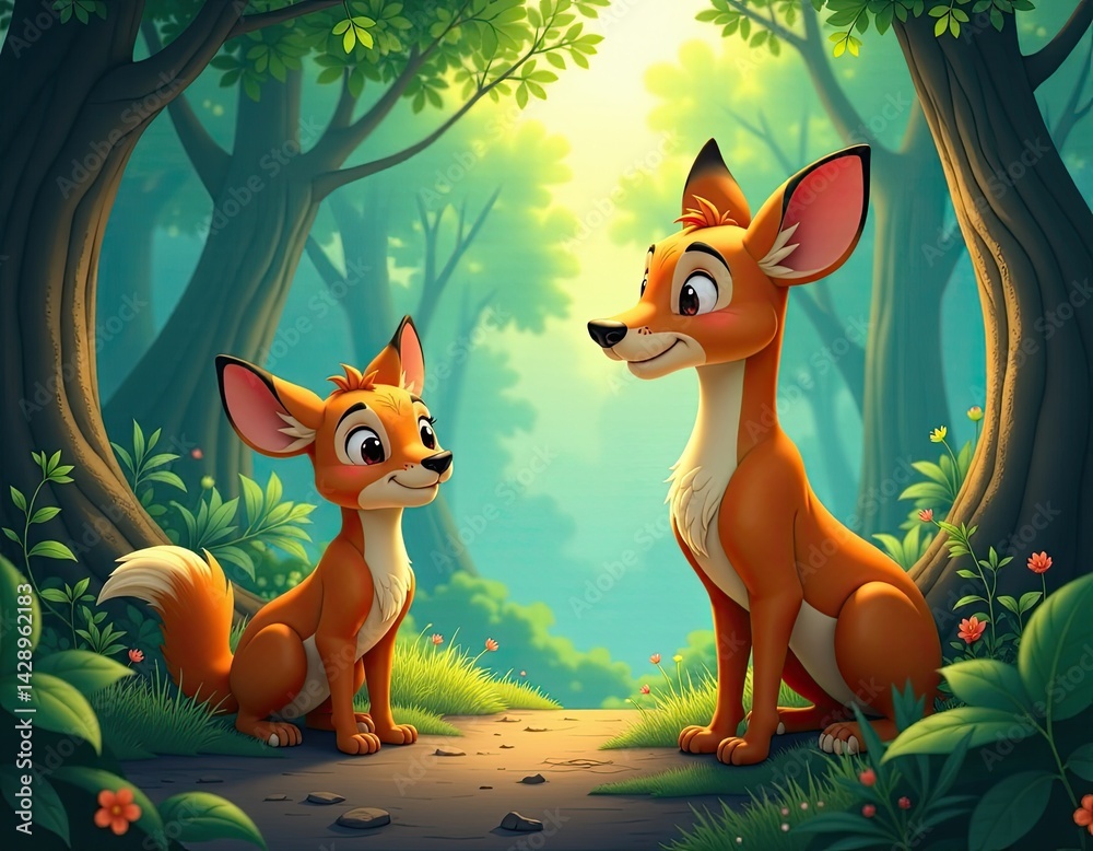 Cartoon Foxes in a Forest Illustration