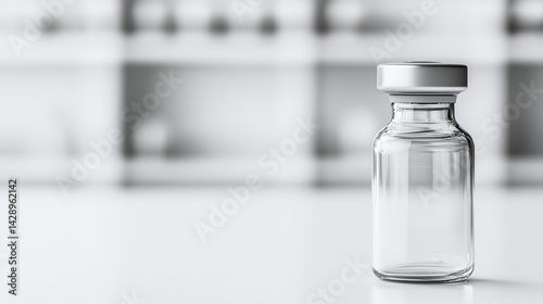 A clear glass vial is placed on a smooth surface, with a blurred background suggesting a sterile environment, possibly related to healthcare or pharmaceuticals.