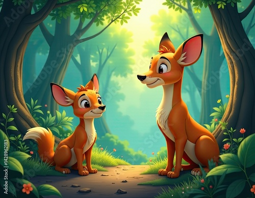 Cartoon Foxes in a Forest Illustration
