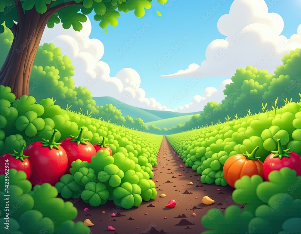Cartoon Vegetable Field with Tomatoes and Pumpkins