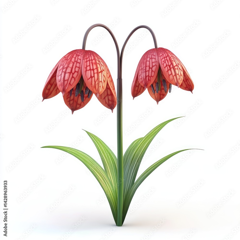 Obraz premium Two vibrant red, textured flowers on a stem with foliage.
