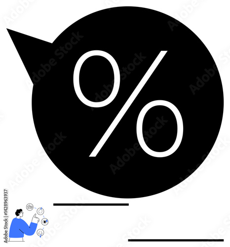 Bold percentage symbol inside a speech bubble next to a man assessing data and ideas. Ideal for discount, growth, data analysis, marketing, communication, finance, simple landing page