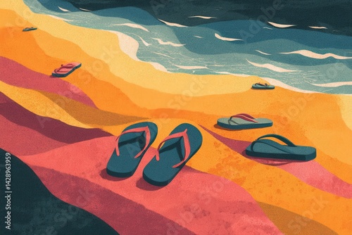 Colorful Flip Flops on Vibrant Beach Sand with Ocean Waves