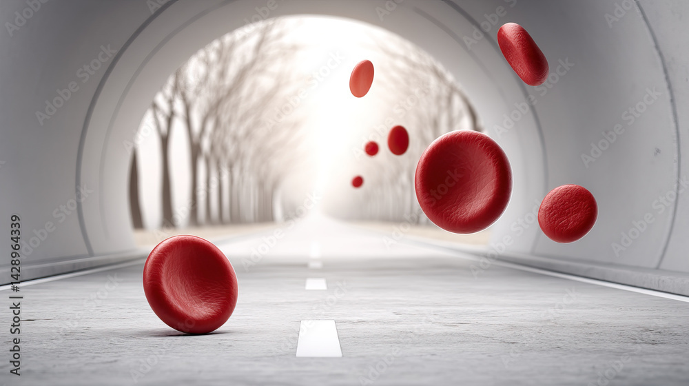 Red blood cells floating tunnel like structure, symbolizing circulation and health. scene evokes sense of movement Red blood cells floating tunnel like structure, symbolizing circulation and health. scene evokes sense of movement