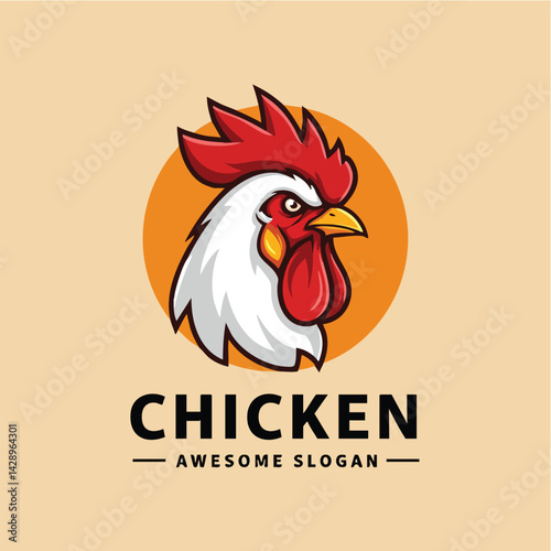 Bold Rooster Head Logo: Striking red comb and wattle, sharp yellow beak, and determined white face against an orange circle. Features "CHICKEN" text and a placeholder for a slogan.

