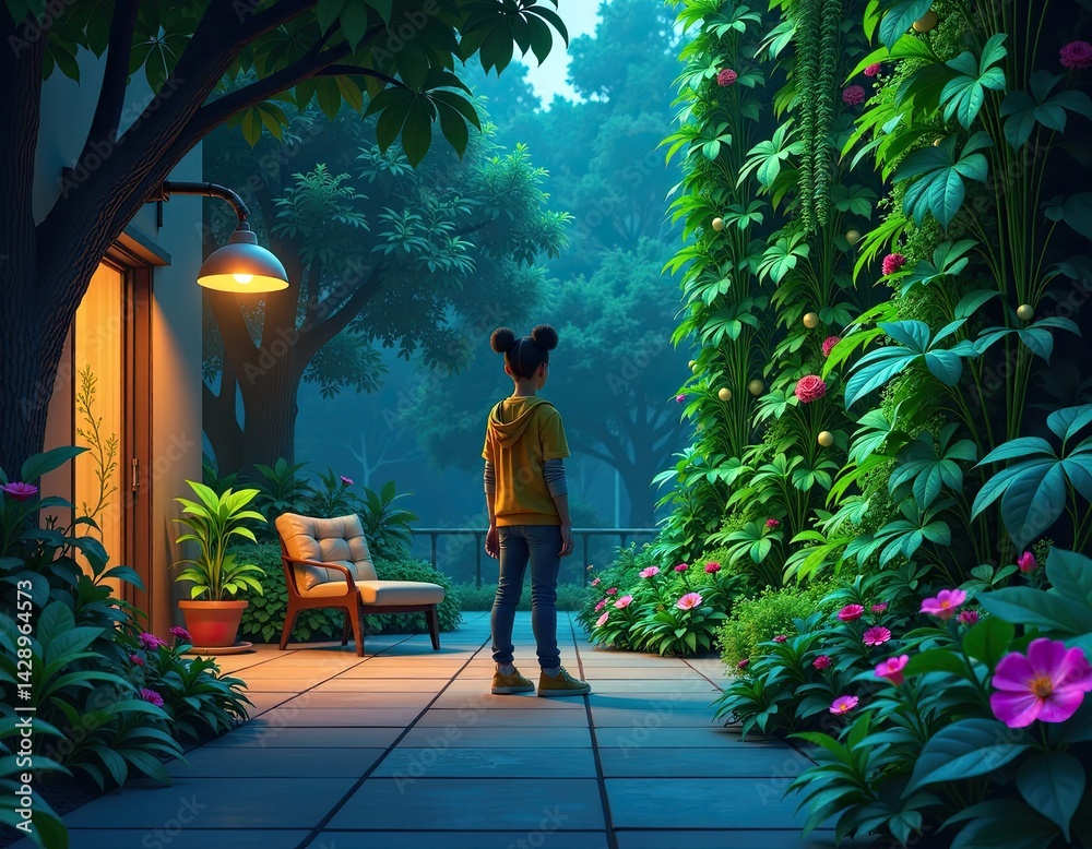 Girl on a Tranquil Terrace Overlooking a Lush Garden