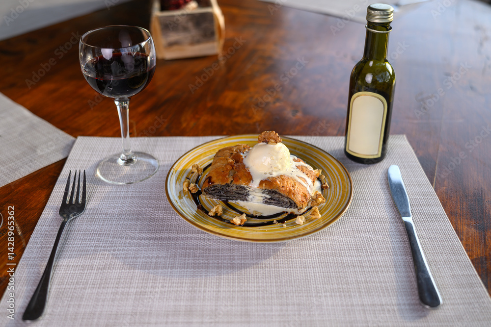 strudel with poppy seeds and ice cream