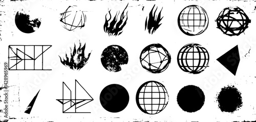 Abstract collection of dynamic designs showcasing geometric shapes and expressive elements in black and white