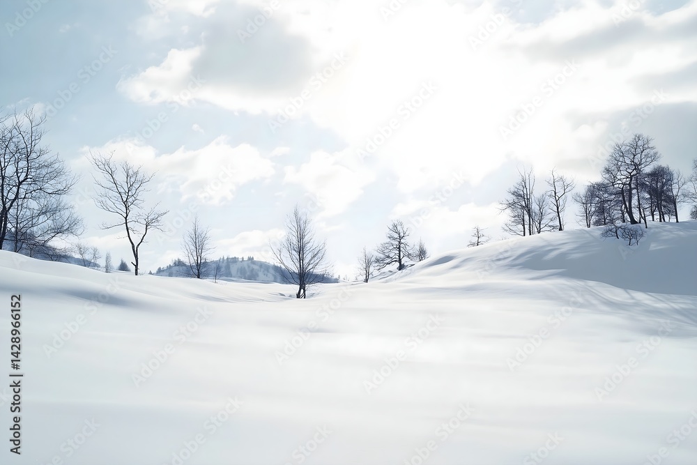 Obraz premium A serene and tranquil winter landscape of rolling hills covered in pristine white snow with bare trees against a bright, sunlit sky