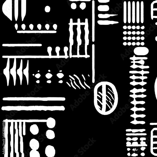 Intricate patterns of white shapes dance across a dark background, evoking a sense of deep mystery and artistic expression through abstract design