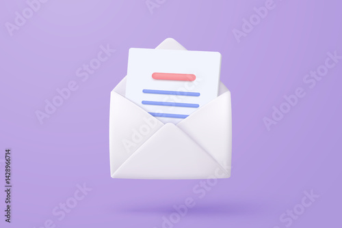 3d mail envelope icon with notification new message on purple background. Minimal email letter with letter paper read icon. message concept 3d vector render isolated pastel background