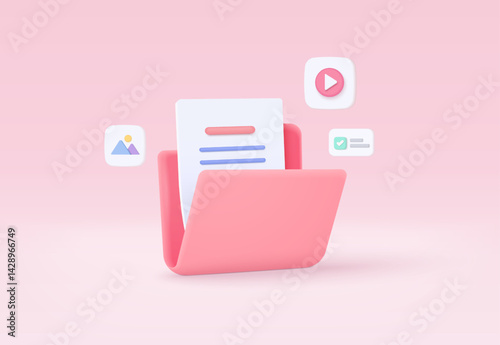 3d folder and paper for management multimedia file, document efficient work on project plan concept. Image and video document minimal folder icon. 3d vector picture render on isolated pink background